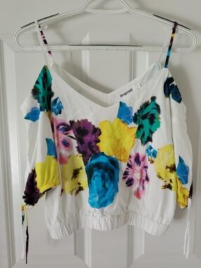 Desigual Crop White Floral Cold-Shoulder with Multicolor Blooms Blouse S
